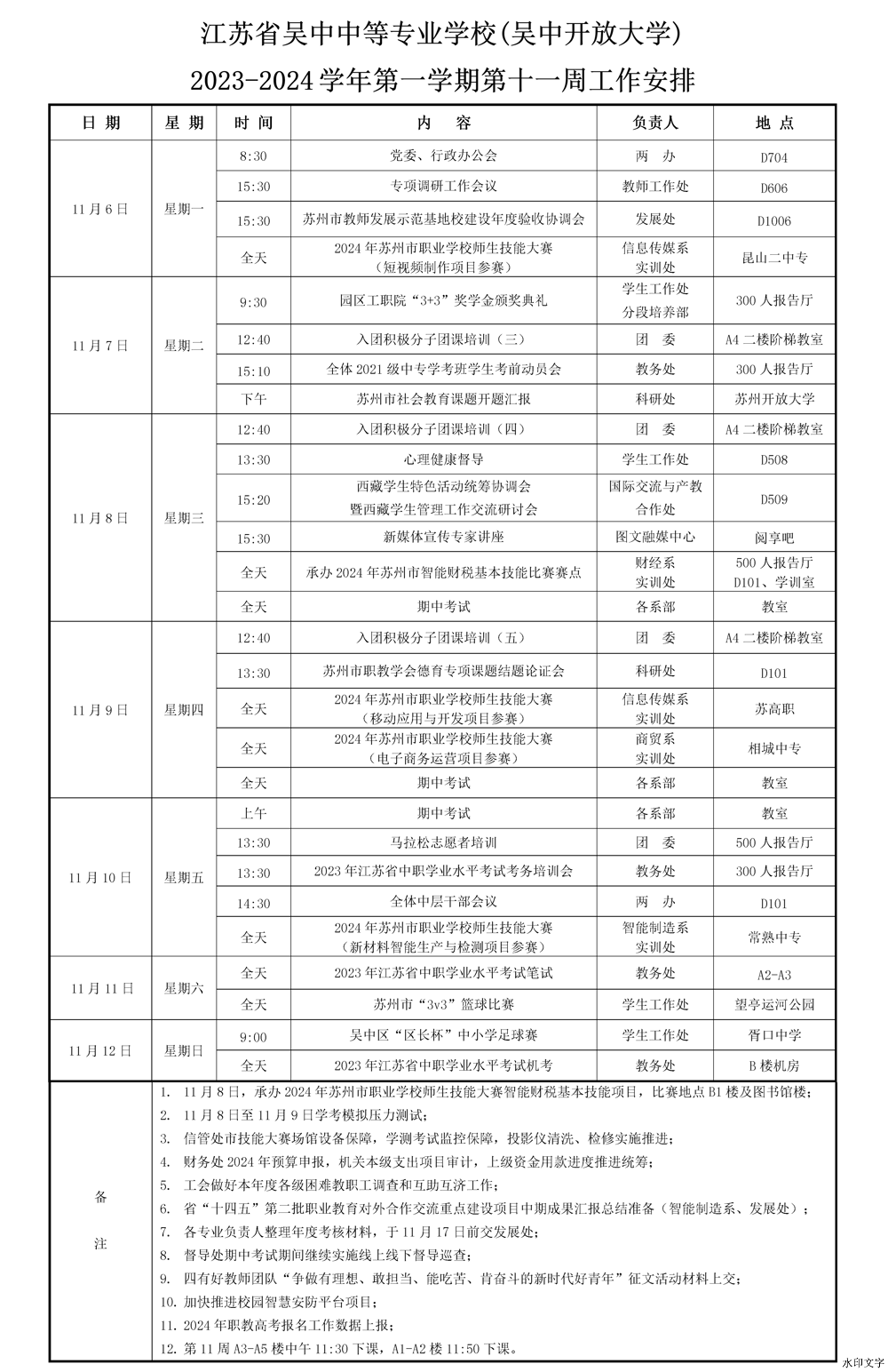 2023-2024学年第一学期第十一周工作安排