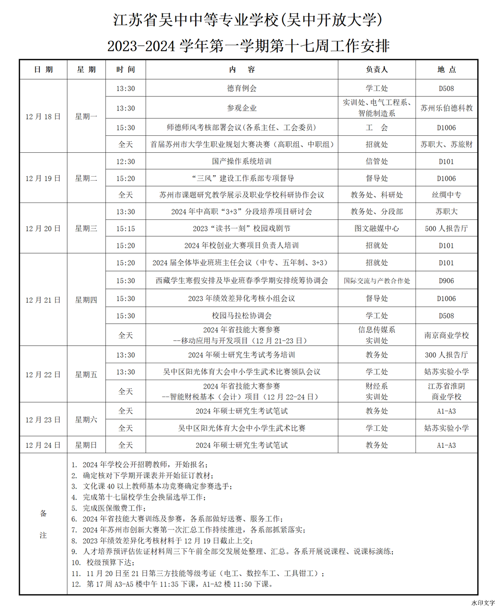 2023-2024学年第一学期第十七周工作安排