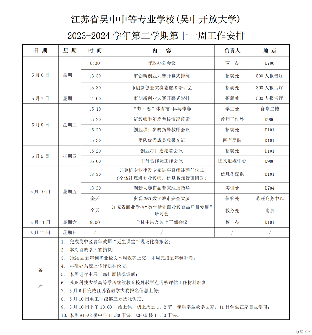 2023-2024学年第二学期第11周一周工作安排