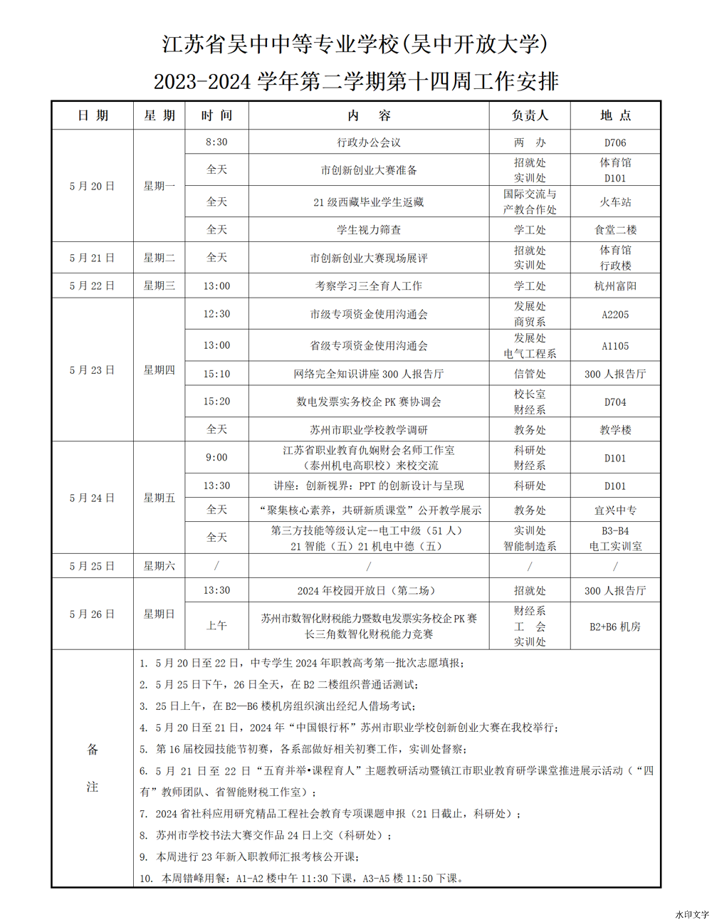 2023-2024学年第二学期第十四周工作安排
