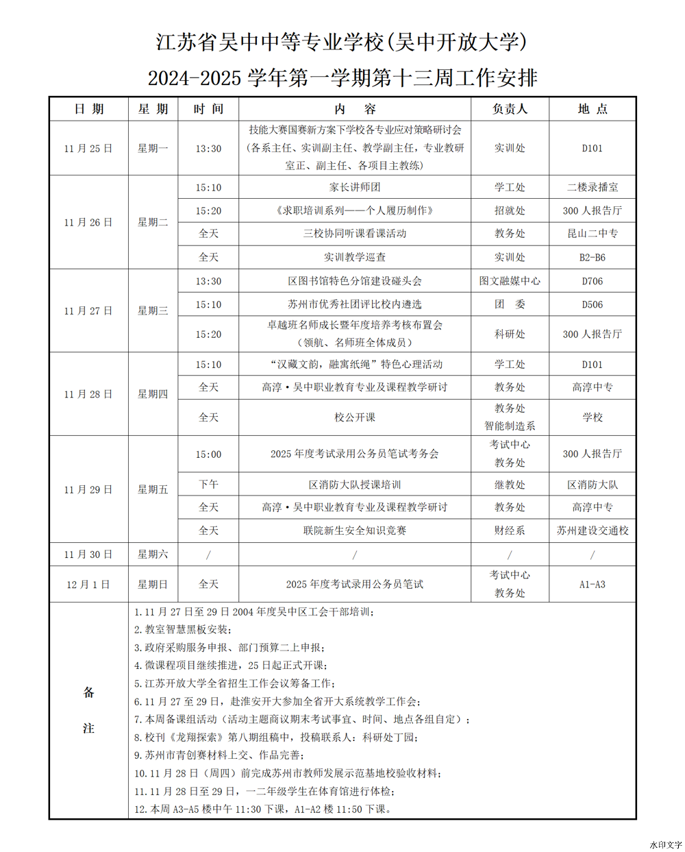 2024-2025学年第一学期第十三周工作安排