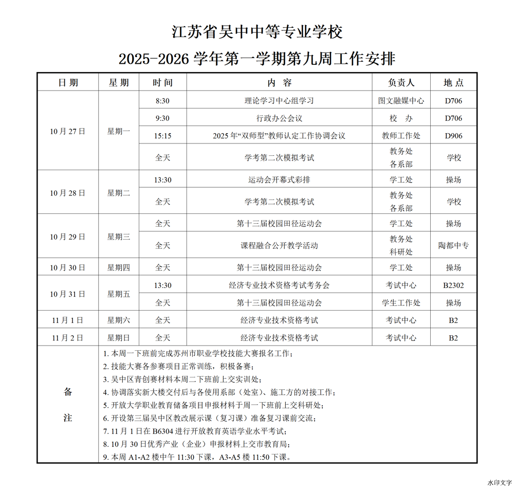 2025-2026学年第一学期第九周工作安排