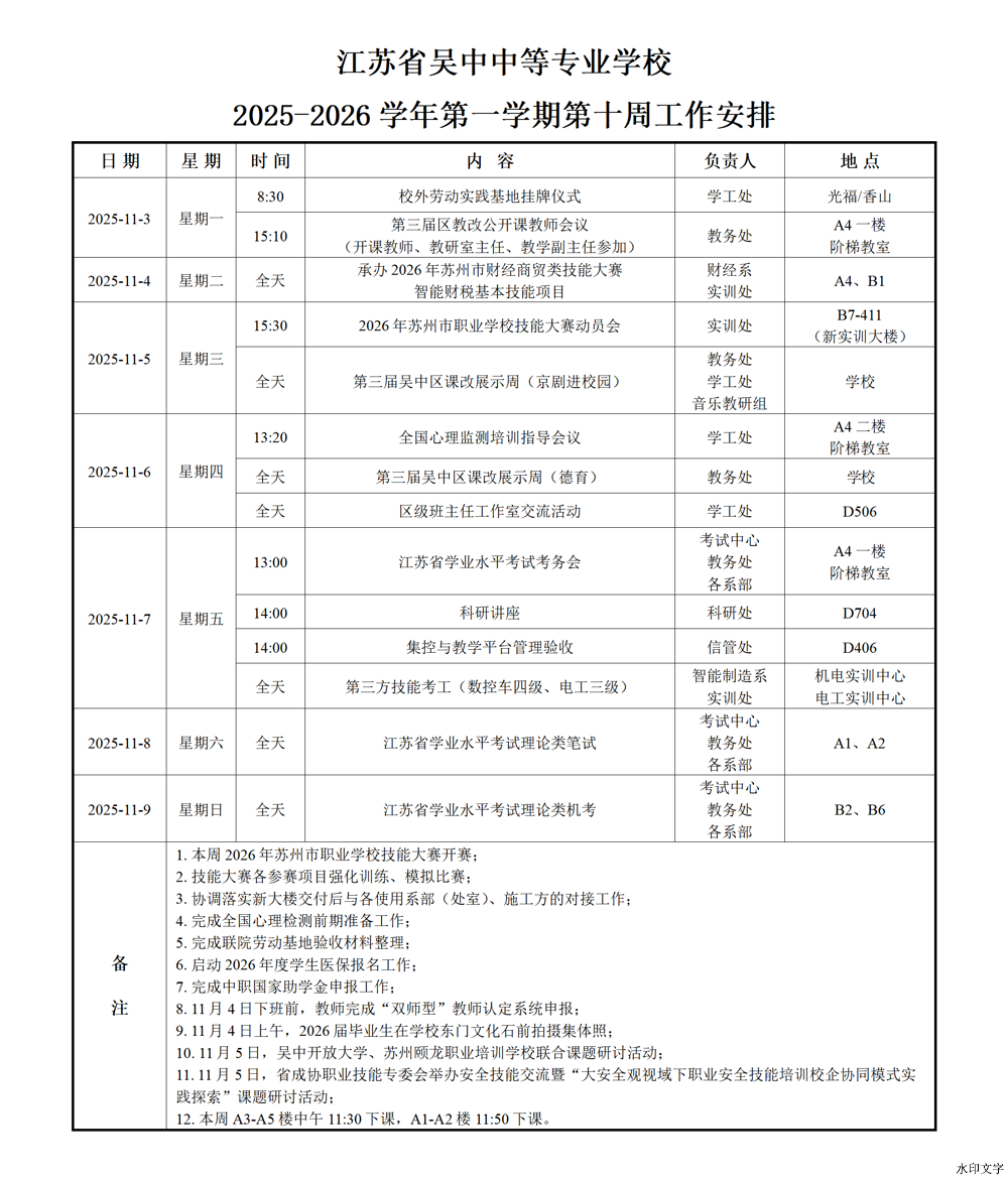 2025-2026学年第一学期第十周工作安排