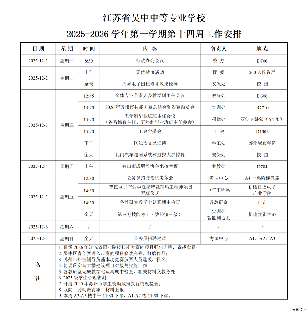 2025-2026学年第一学期第十四周工作安排
