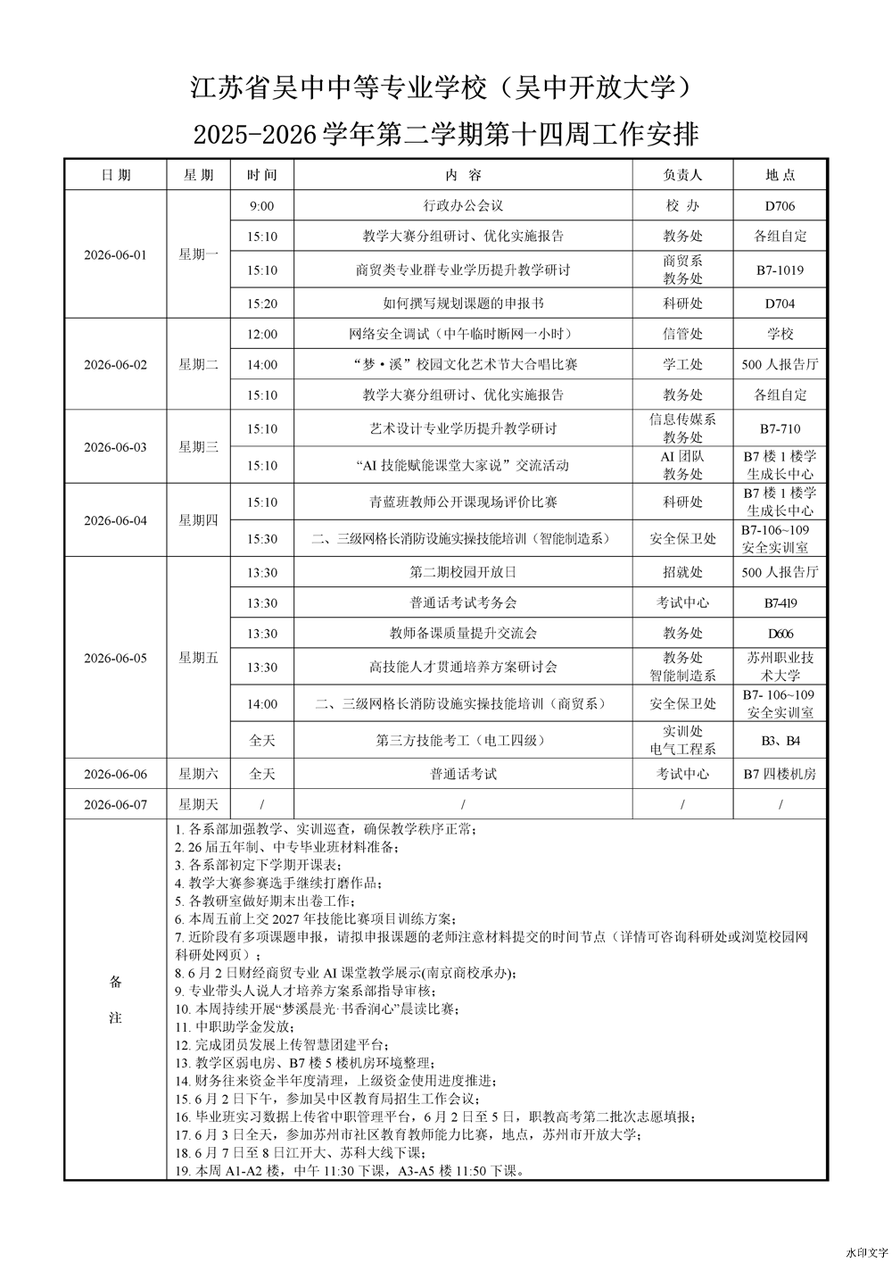 2025-2026学年第二学期第14周工作安排